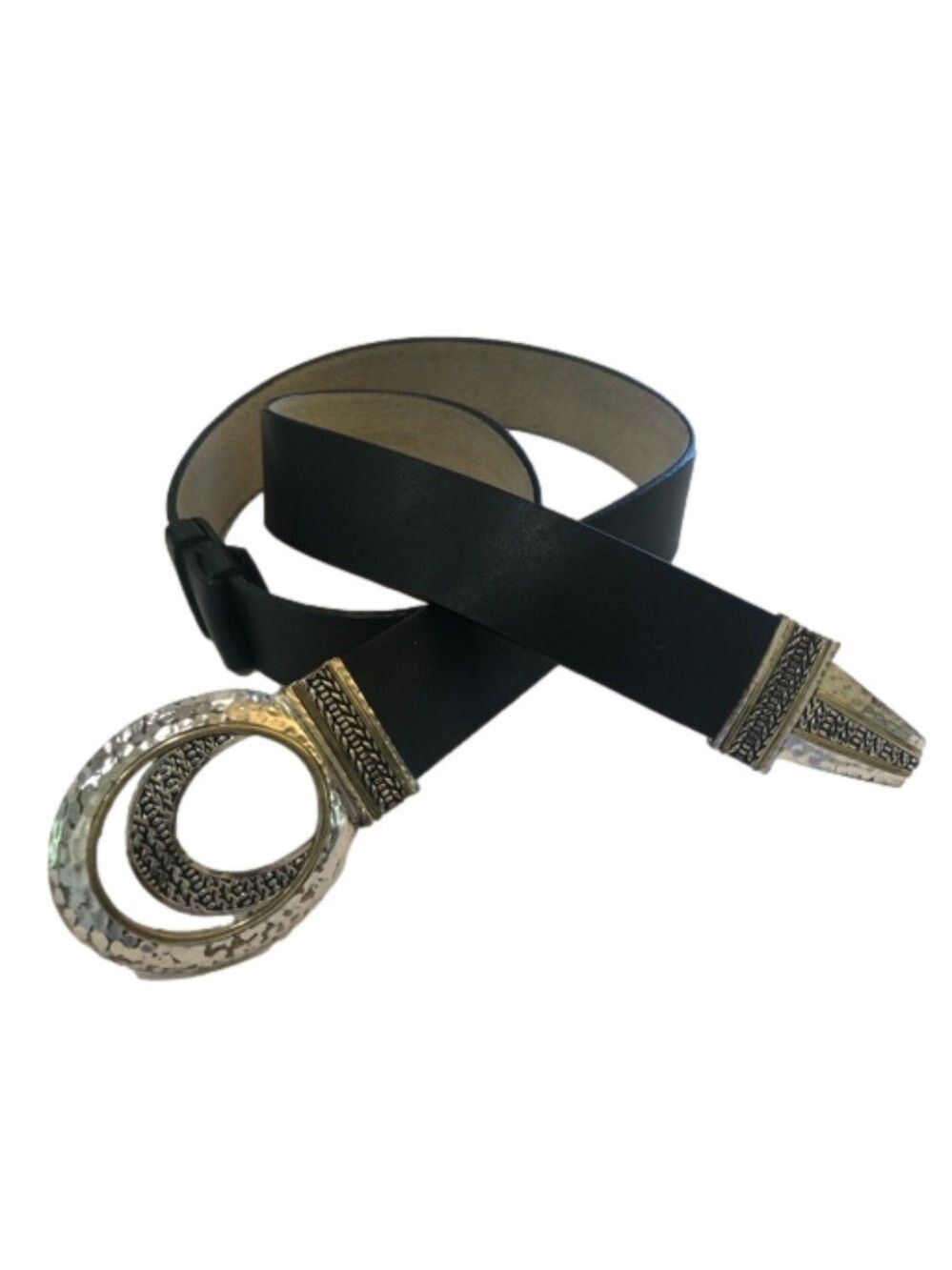 Chico’s Size ML black leather belt with silver tone and gold tone hook and ring
